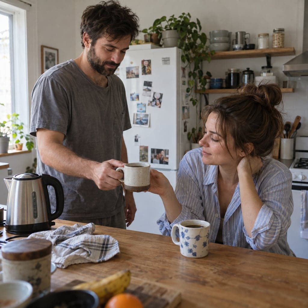 Coppia immaginaria che prende il caffè in cucina, immagine generata con IA