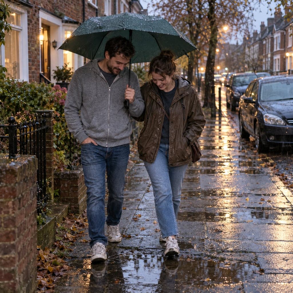 Pareja ficticia caminando bajo la lluvia con un paraguas verde, imagen generada con IA