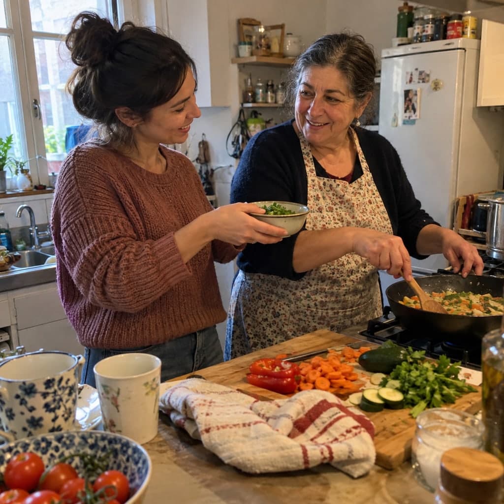 Madre e hija adulta ficticias creadas con IA preparando la cena de siempre en una cocina de casa