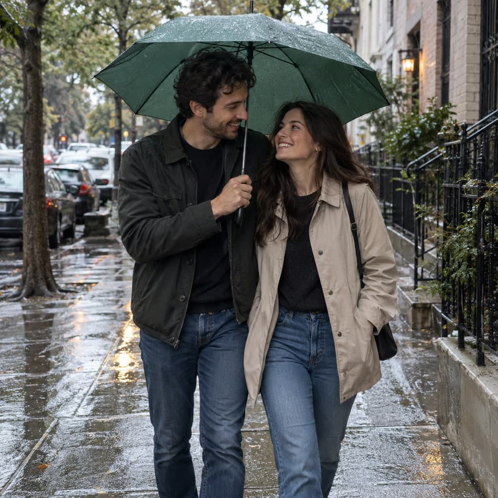 Pareja ficticia creada con IA compartiendo un paraguas verde en una calle del barrio bajo la lluvia