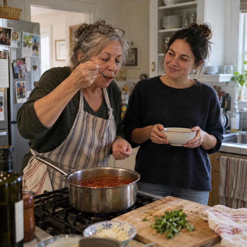 Madre ficticia probando la salsa mientras su hija adulta ayuda con la cena, imagen generada con IA
