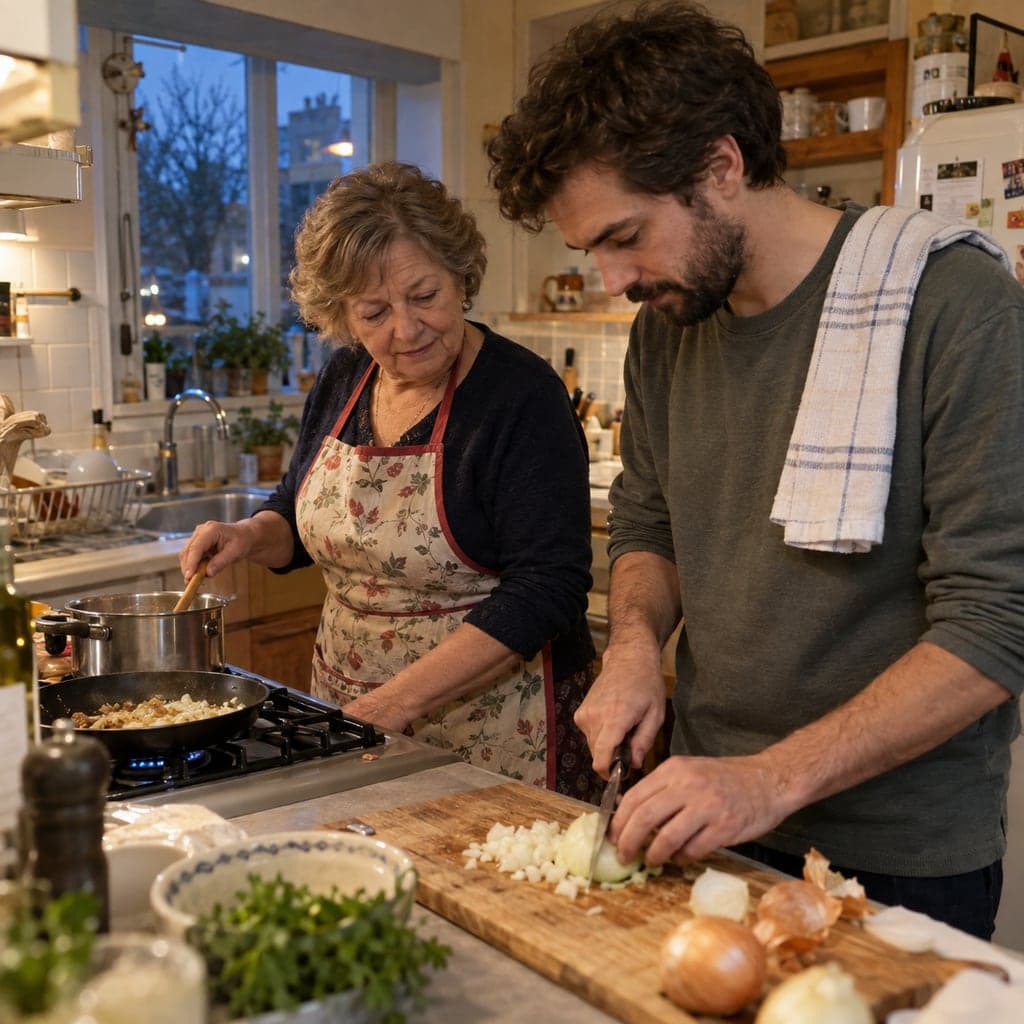Madre e hijo adulto ficticios preparando la cena en su cocina, imagen generada con IA