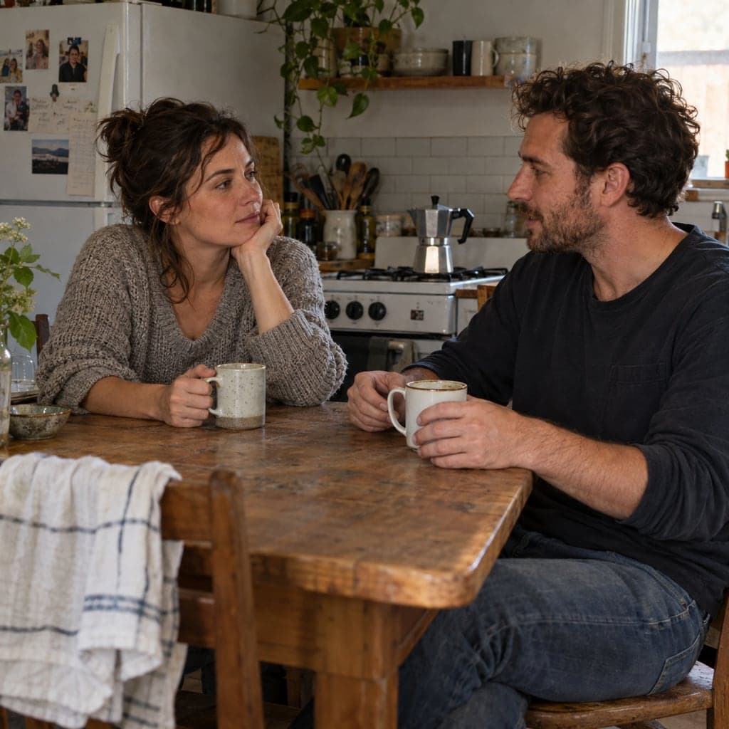 AI-generated fictional couple talking over coffee at their kitchen table