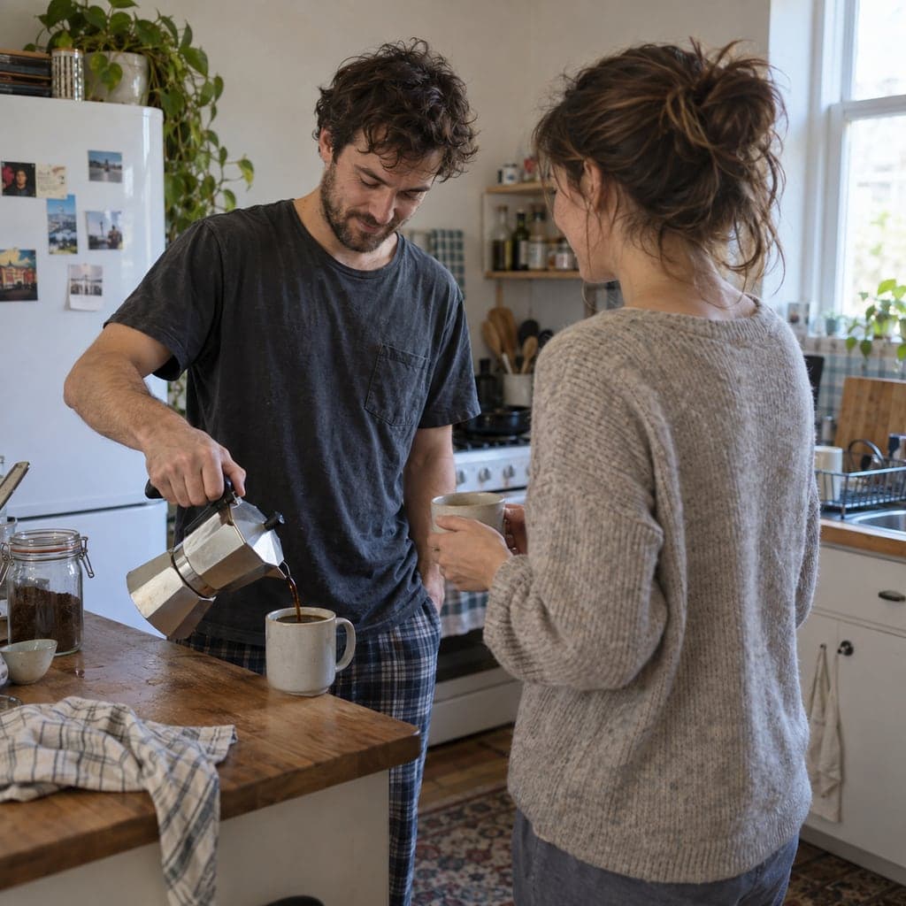 Coppia immaginaria che prepara il caffè insieme in cucina, immagine generata con IA